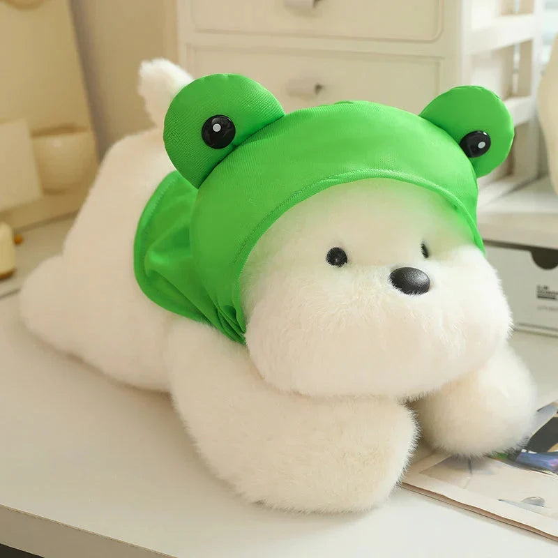 Adorable Snowy the White Maltese Plush Toy Wearing a Cute Frog Hat